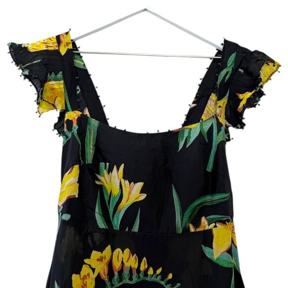 Farm Rio Alice Flowers Black Maxi Dress Yellow Floral Flutter Sleeve Size S - Picture 4 of 13
